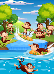 Forest river scene with monkey cartoon characters