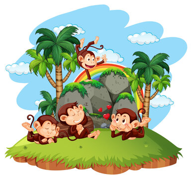 Isolated island with naughty monkeys
