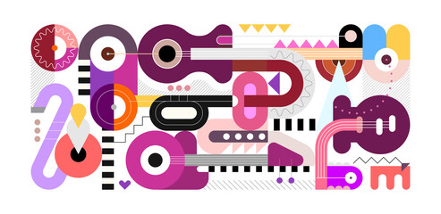 Illustration vectorielle de style géométrique, design plat coloré de différents instruments de musique isolés sur fond blanc. Composition de guitare électrique, guitares acoustiques, trompette et saxophone.