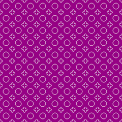simple vector pixel art white seamless pattern of minimalistic abstract circles and crosses with rounded edges on velvet violet background