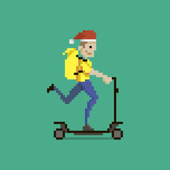colorful simple flat pixel art illustration of cartoon Christmas hat character delivery man in yellow uniform with yellow backpack riding scooter