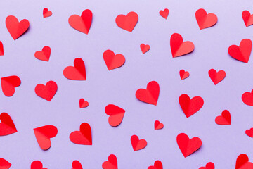 Valentine day background with red hearts, top view with copy space