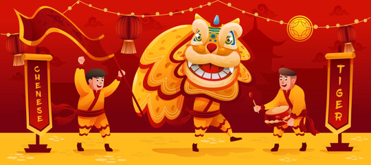 Chinese New Year, Year Of Tiger Dancing on Parade Cartoon Illustration, For Web Head Banner, Cover, Card or Banner