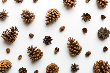 pine cones on colored table. natural holiday background with pinecones grouped together. Flat lay. Winter concept