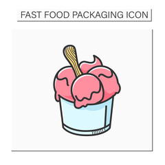 Ice cream color icon. Ice cream balls in container.Disposable paper or plastic cup with spoon. Take away. Fast Food Packaging.Isolated vector illustration