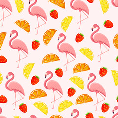 Obraz premium Seamless pattern with tropical bird flamingos, leaves and fruits. Texture with a bird for textiles, wallpaper, print design, clothes postcards. Vector illustration.