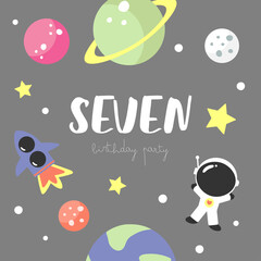 Space Party Invitation Card Template, Birthday Party in Cosmic Style Celebration, Greeting Card, Flyer Cartoon Vector. Kids illustration with planets, cosmonaut, rocket and number seven.