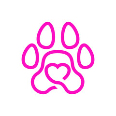 Love pet. Logotipo con zarpa de gato o perro con corazón con líneas en color rosa