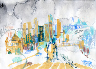 Watercolor and pencil sketch of sightseeing city of Moscow, Russia.