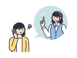 コールセンターの女性に電話で相談する女性のイラスト素材