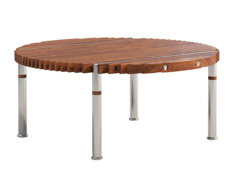 Modern round coffee table with wood slats and steel tube base. 3d render