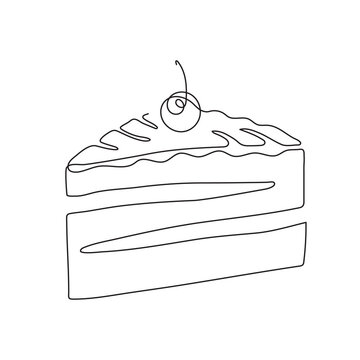 recommend clip art: Piece of cake with cherry,one line art,hand drawn continuous contour.Delicious appetizing pastries,one slice.Decoration,emblem for confectionery,sweet-shop,bakery.Minimalist design.Editable stroke.