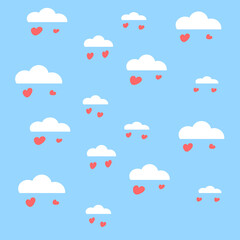 clouds with red hearts on a blue background
