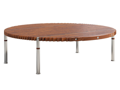 Modern round coffee table with wood slats and steel tube base. 3d render