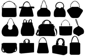 Bag silhouette vector. Lady fashion collection bags and backpack. Elegance handbag black set silhouettes. Vector illustration, EPS10
