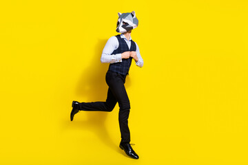 Fototapeta na wymiar Full body profile side photo of character guy racoon mask jump prepare theme occasion wear vest isolated over yellow color background