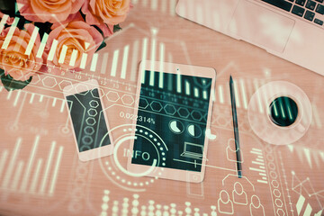 Multi exposure of technology theme drawing over table with phone. Top view. Concept of hightech.