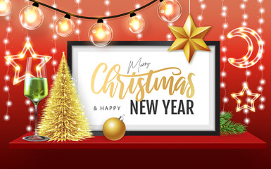 Obraz na płótnie Canvas Merry Christmas and happy New Year poster with christmas holiday decorations. Chrisrmas background with string of lights. 3D interior design with black frame on red walll shelf.
