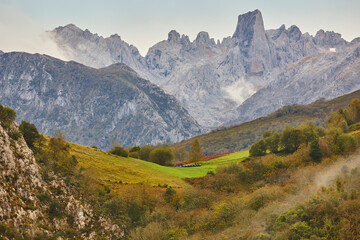 Fototapeta premium Autumn landscape in Asturias. Naranjo de Bulnes. Picu Urriellu. Spain