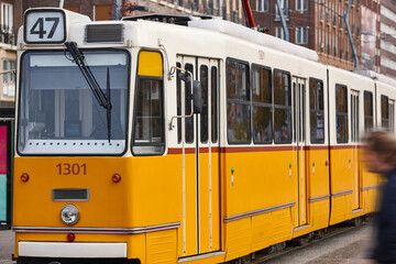 Fototapeta na wymiar Traditional picturesque public transport tramway in Budapest. Hungary