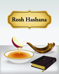 A festive design that includes a shofar and an apple with honey as well as a prayer arrangement in honor of the Jewish New Year