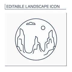 Canyon line icon. Deep gorge, narrow valet indentation with steep sides. Landscape concept.Isolated vector illustration. Editable stroke