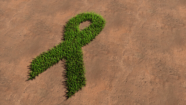 Concept Conceptual Green Summer Lawn Grass Symbol Shape On Brown Soil Or Earth Background, Breast Cancer Symbol. 3d Illustration Metaphor For Awareness, Solidarity, Life, Prevention, Support And Help