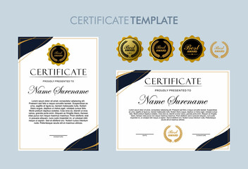 Certificate of appreciation template, gold and blue color. Clean modern certificate with gold badge. Certificate border template with luxury and modern line pattern