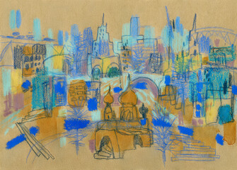 Watercolor and pencil sketch of sightseeing city of Moscow, Russia.
