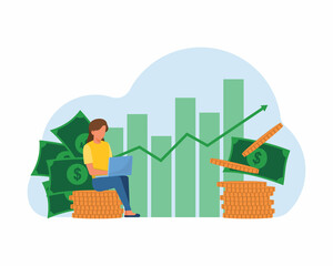 Financial consultant leaning on a stack of coins, Successful investor or entrepreneur. Financial consulting, investment and savings. Modern vector illustration.