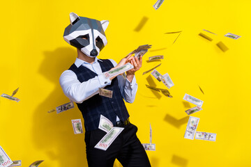 Photo of crazy bizarre authentic guy racoon mask waste billion dollars lottery win jackpot isolated...