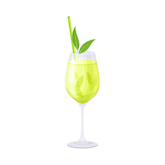 Glass of light green cocktail with straw. Cold alcoholic beverage vector illustration