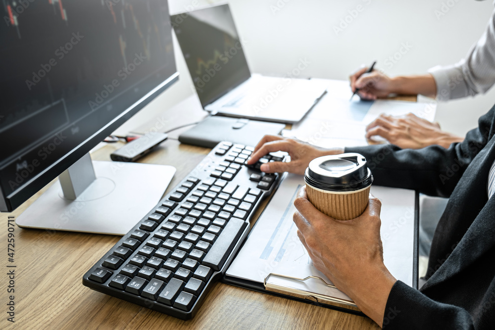 Poster business team investment working with computer, planning and analyzing graph stock market trading wi