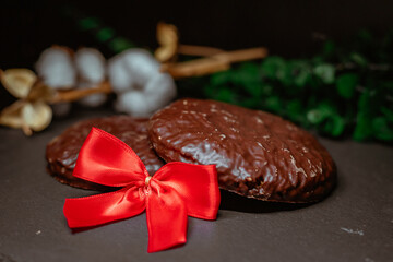 Harmonious Christmas photo with chocolate gingerbread