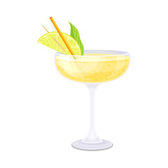 Glass of alcoholic cocktail with straw and slice of lime vector illustration