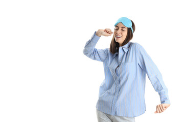 Attractive woman in sleep mask isolated on white background