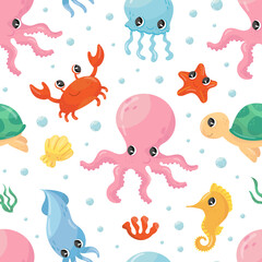 Schattig zeedieren naadloos patroon. Zeeleven achtergrond, behang, dekking, textielontwerp vectorillustratie