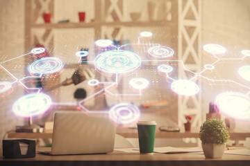Double exposure of social network theme drawing and office interior background. Concept of web.