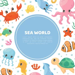 Papier Peint photo Vie marine Cute marine animals banner template. Undersea world poster, card, backdrop vector illustration