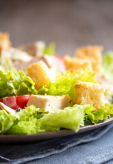 Green vegetable salad with lattuce, chicken and croutons. Healthy food concept