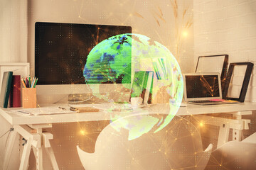 Double exposure of social network theme drawing and office interior background. Concept of web.