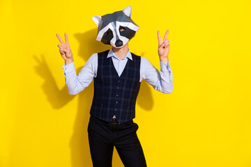 Fototapeta na wymiar Photo of friendly positive guy show v-signs look camera wear raccoon mask vest isolated yellow color background