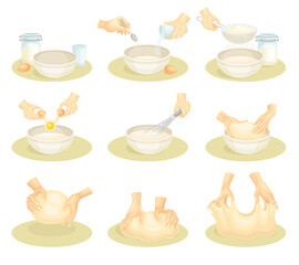 Human hands kneading dough. Bakery process, kneading pastry for cookies, bread, pizza vector illustration
