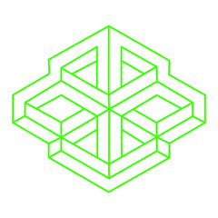 Logo. Optical illusion shapes. Optical art object. Impossible green figure. Escher style. Geometry.