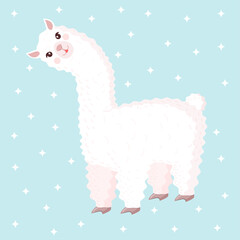 Cute llama or alpaca on a blue background with stars. Vector illustration for baby texture, textile, fabric, poster, greeting card, decor.