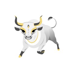 Running gray bull with big eyes and yellow accents. Vector stock illustration