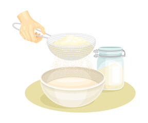 Hand cooking dough for cookies, bread or pizza. Ingredients for dough cooking vector illustration