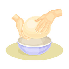Hands kneading dough in bowl. Bakery process, kneading pastry for cookies, bread, pizza vector illustration
