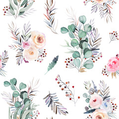Winter floral Watercolor pastel flowers, leaves and berries seamless pattern