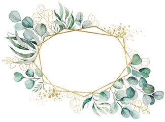 Watercolor light green eucaliptus branches and leaves golden frame illustration
